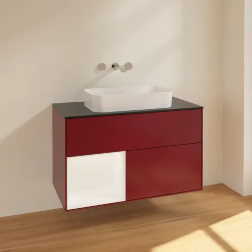VILLEROY BOCH Toaletní skříňka Finion, s osvětlením, 2 výsuvy, 1000 x 603 x 501 mm, Pivoňka matný lak / Bílý matný lak / Sklo černé matné #F652MTHB, obrázek 2