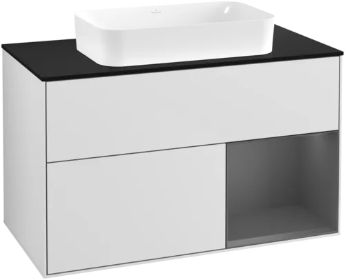 VILLEROY BOCH Toaletní skříňka Finion, s osvětlením, 2 výsuvy, 1000 x 603 x 501 mm, bílý matný lak / antracitový matný lak / černé matné sklo #F662GKMT