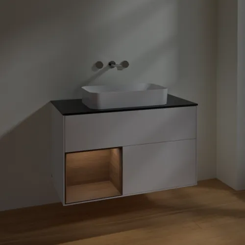 VILLEROY BOCH Toaletní skříňka Finion, s osvětlením, 2 výsuvy, 1000 x 603 x 501 mm, bílý matný lak / ořechová dýha / černé matné sklo #F652GNMT, obrázek 5