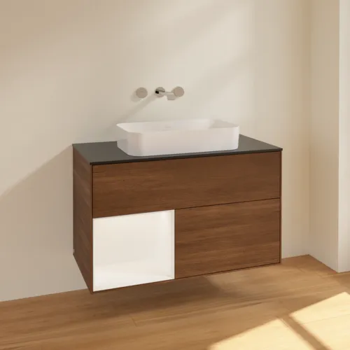 VILLEROY BOCH Toaletní skříňka Finion, s osvětlením, 2 výsuvy, 1000 x 603 x 501 mm, ořechová dýha / bílý matný lak / černé matné sklo #F652MTGN, obrázek 2