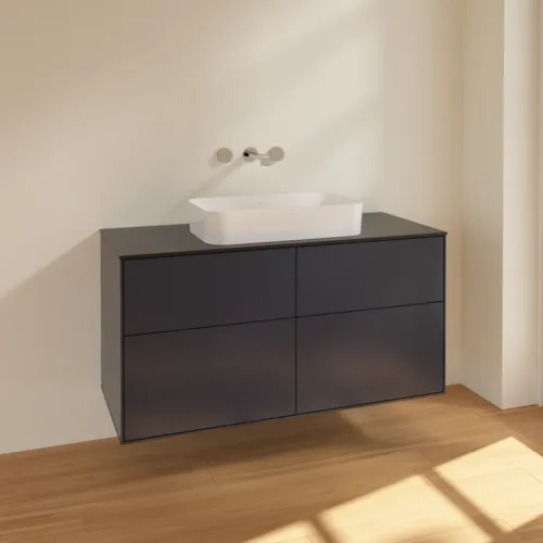 VILLEROY BOCH Toaletní skříňka Finion, 4 výsuvy, 1200 x 603 x 501 mm, půlnočně modrý matný lak / černé matné sklo #F67200HG, obrázek 2
