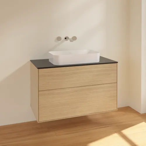 VILLEROY BOCH Toaletní stolek Finion, 2 výsuvy, 1000 x 603 x 501 mm, dubová dýha / sklo černé matné #F64200PC, obrázek 2