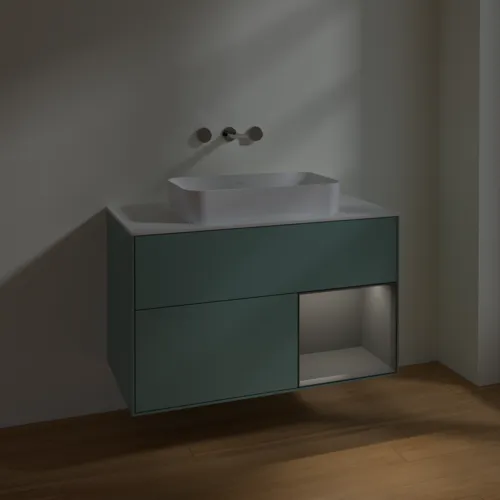 VILLEROY BOCH Toaletní skříňka Finion, s osvětlením, 2 výsuvy, 1000 x 603 x 501 mm, olivový matný lak / antracitový matný lak / bílé matné sklo #F661GKGM, obrázek 5