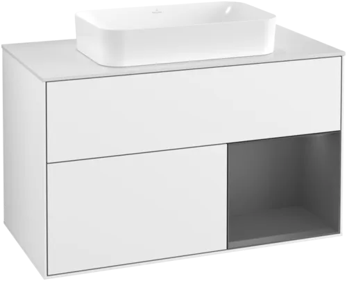 VILLEROY BOCH Umyvadlová skříňka Finion, s osvětlením, 2 výsuvy, 1000 x 603 x 501 mm, lesklý bílý lak / antracitový matný lak / bílé matné sklo #F661GKGF