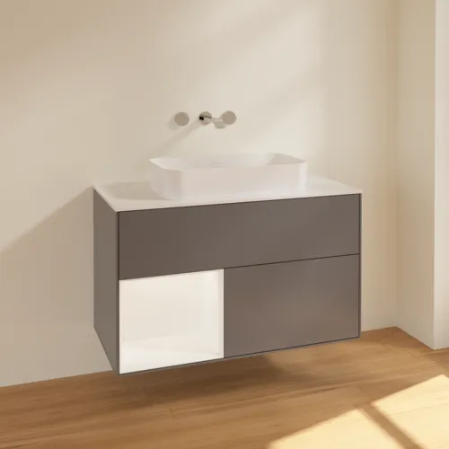 VILLEROY BOCH Toaletní skříňka Finion, s osvětlením, 2 výsuvy, 1000 x 603 x 501 mm, antracitový matný lak / bílý matný lak / bílé matné sklo #F651MTGK, obrázek 2