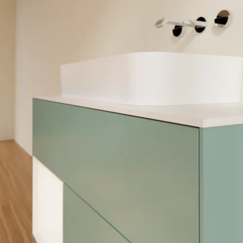 VILLEROY BOCH Toaletní skříňka Finion, s osvětlením, 2 výsuvy, 1000 x 603 x 501 mm, olivový matný lak / bílý matný lak / bílé matné sklo #F651MTGM, obrázek 6