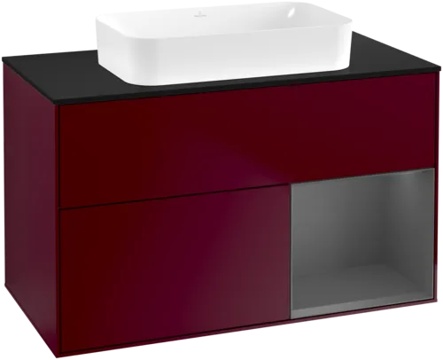 VILLEROY BOCH Toaletní skříňka Finion, s osvětlením, 2 výsuvy, 1000 x 603 x 501 mm, Pivoňka matný lak / Antracit matný lak / Sklo černé matné #F662GKHB