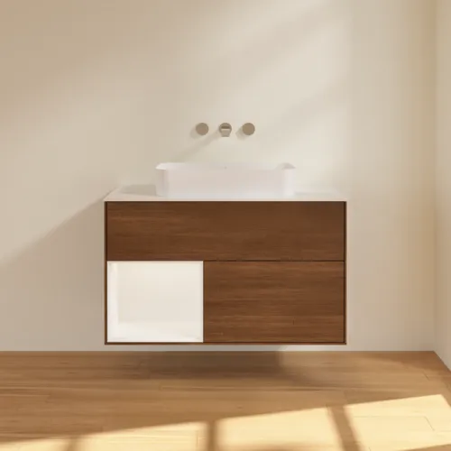 VILLEROY BOCH Umyvadlová skříňka Finion, s osvětlením, 2 výsuvy, 1000 x 603 x 501 mm, ořechová dýha / bílý matný lak / bílé matné sklo #F651MTGN, obrázek 3
