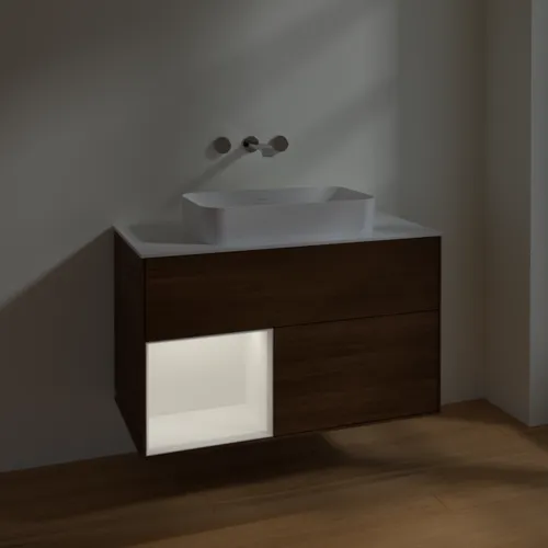 VILLEROY BOCH Umyvadlová skříňka Finion, s osvětlením, 2 výsuvy, 1000 x 603 x 501 mm, ořechová dýha / bílý matný lak / bílé matné sklo #F651MTGN, obrázek 5