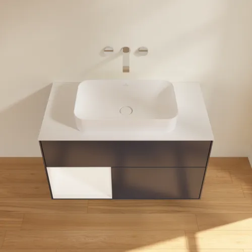 VILLEROY BOCH Toaletní skříňka Finion, s osvětlením, 2 výsuvy, 1000 x 603 x 501 mm, Midnight Blue Matt Lacquer / White Matt Lacquer / Glass White Matt #F651MTHG, obrázek 4