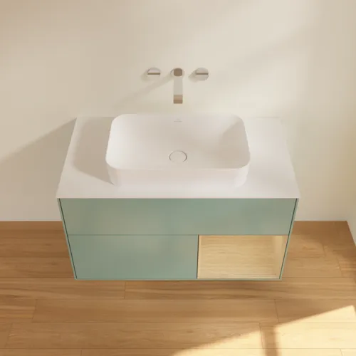 VILLEROY BOCH Toaletní skříňka Finion, s osvětlením, 2 výsuvy, 1000 x 603 x 501 mm, olivový matný lak / dubová dýha / sklo bílé matné #F661PCGM, obrázek 4