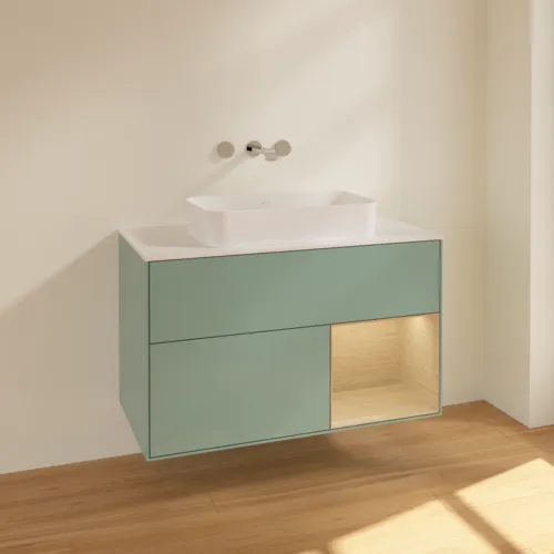 VILLEROY BOCH Toaletní skříňka Finion, s osvětlením, 2 výsuvy, 1000 x 603 x 501 mm, olivový matný lak / dubová dýha / sklo bílé matné #F661PCGM, obrázek 2