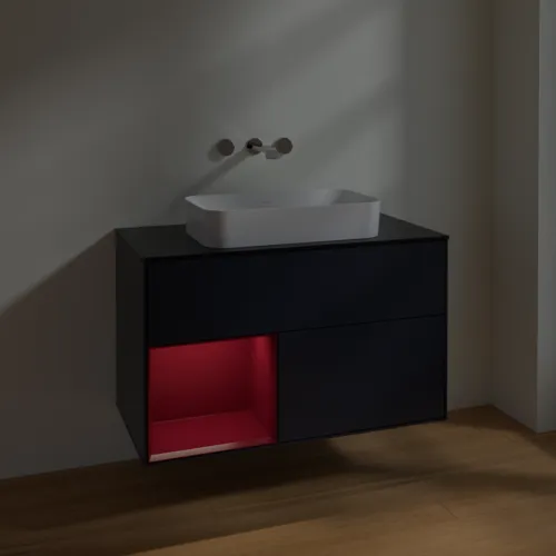 VILLEROY BOCH Toaletní skříňka Finion, s osvětlením, 2 výsuvy, 1000 x 603 x 501 mm, Midnight Blue Matt Lacquer / Peony Matt Lacquer / Glass Black Matt #F652HBHG, obrázek 5