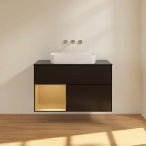 VILLEROY BOCH Toaletní skříňka Finion, s osvětlením, 2 výsuvy, 1000 x 603 x 501 mm, černý matný lak / zlatý matný lak / černé matné sklo #F652HFPD, obrázek 3