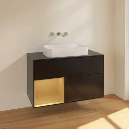 VILLEROY BOCH Toaletní skříňka Finion, s osvětlením, 2 výsuvy, 1000 x 603 x 501 mm, černý matný lak / zlatý matný lak / černé matné sklo #F652HFPD, obrázek 2