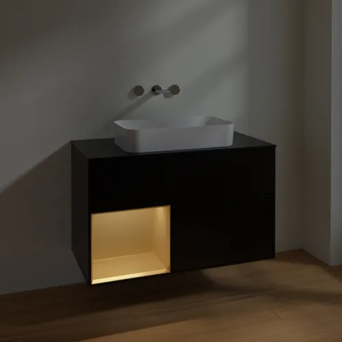 VILLEROY BOCH Toaletní skříňka Finion, s osvětlením, 2 výsuvy, 1000 x 603 x 501 mm, černý matný lak / zlatý matný lak / černé matné sklo #F652HFPD, obrázek 5