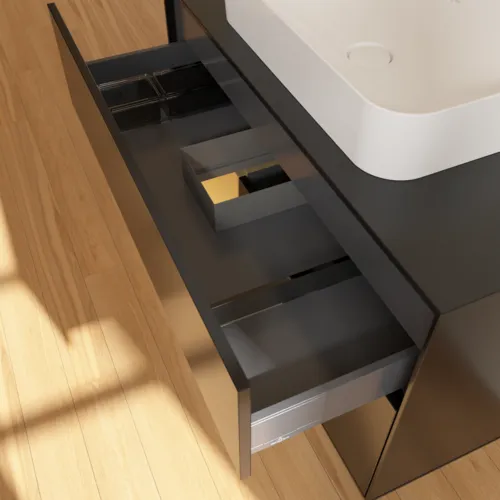 VILLEROY BOCH Toaletní skříňka Finion, s osvětlením, 2 výsuvy, 1000 x 603 x 501 mm, černý matný lak / zlatý matný lak / černé matné sklo #F652HFPD, obrázek 8
