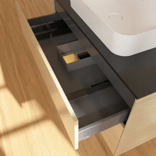 VILLEROY BOCH Toaletní skříňka Finion, s osvětlením, 2 výsuvy, 1000 x 603 x 501 mm, dubová dýha / zlatý matný lak / černé matné sklo #F652HFPC, obrázek 8
