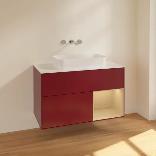 VILLEROY BOCH Toaletní skříňka Finion, s osvětlením, 2 výsuvy, 1000 x 603 x 501 mm, matný lak Peony / dubová dýha / bílé matné sklo #F661PCHB, obrázek 2