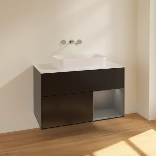 VILLEROY BOCH Toaletní skříňka Finion, s osvětlením, 2 výsuvy, 1000 x 603 x 501 mm, černý matný lak / antracitový matný lak / bílé matné sklo #F661GKPD, obrázek 2