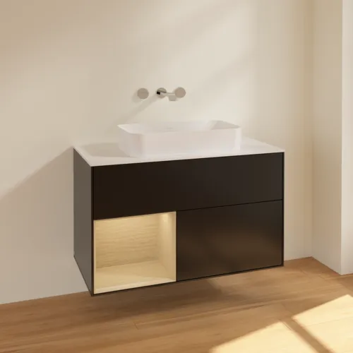 VILLEROY BOCH Toaletní skříňka Finion, s osvětlením, 2 výsuvy, 1000 x 603 x 501 mm, černý matný lak / dubová dýha / sklo bílé matné #F651PCPD, obrázek 2