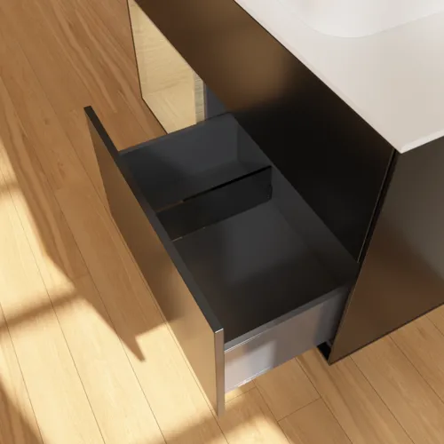 VILLEROY BOCH Toaletní skříňka Finion, s osvětlením, 2 výsuvy, 1000 x 603 x 501 mm, černý matný lak / dubová dýha / sklo bílé matné #F651PCPD, obrázek 7