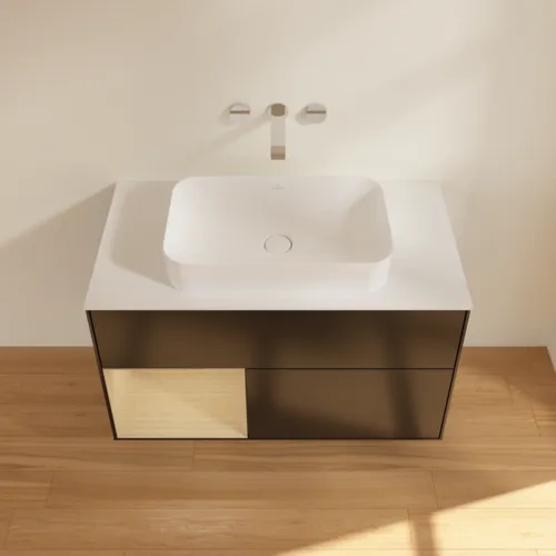 VILLEROY BOCH Toaletní skříňka Finion, s osvětlením, 2 výsuvy, 1000 x 603 x 501 mm, černý matný lak / dubová dýha / sklo bílé matné #F651PCPD, obrázek 4