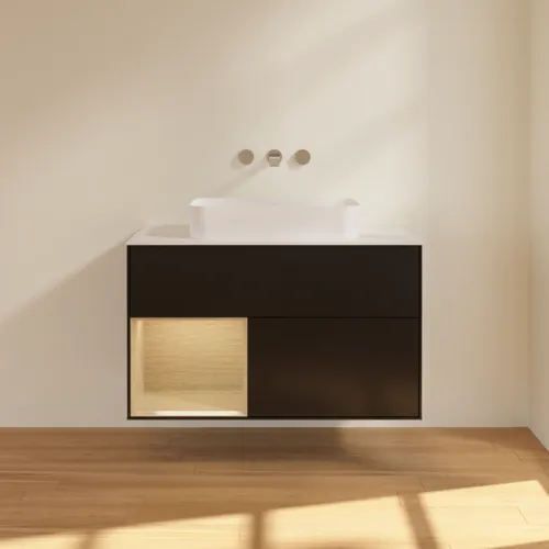 VILLEROY BOCH Toaletní skříňka Finion, s osvětlením, 2 výsuvy, 1000 x 603 x 501 mm, černý matný lak / dubová dýha / sklo bílé matné #F651PCPD, obrázek 3