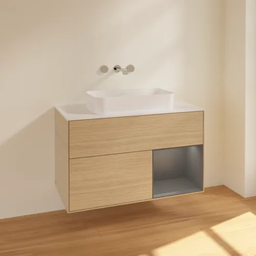 VILLEROY BOCH Toaletní skříňka Finion, s osvětlením, 2 výsuvy, 1000 x 603 x 501 mm, dubová dýha / antracitový matný lak / bílé matné sklo #F661GKPC, obrázek 2