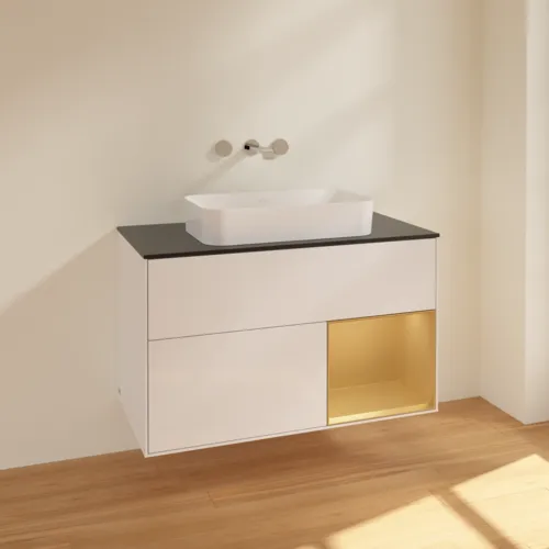 VILLEROY BOCH Toaletní skříňka Finion, s osvětlením, 2 výsuvy, 1000 x 603 x 501 mm, lesklý bílý lak / zlatý matný lak / černé matné sklo #F662HFGF, obrázek 2