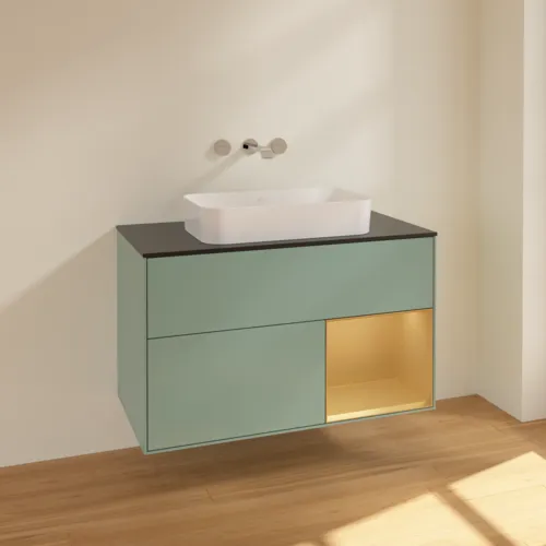 VILLEROY BOCH Toaletní skříňka Finion, s osvětlením, 2 výsuvy, 1000 x 603 x 501 mm, olivový matný lak / zlatý matný lak / černé matné sklo #F662HFGM, obrázek 2