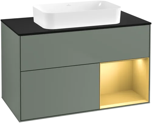 VILLEROY BOCH Toaletní skříňka Finion, s osvětlením, 2 výsuvy, 1000 x 603 x 501 mm, olivový matný lak / zlatý matný lak / černé matné sklo #F662HFGM