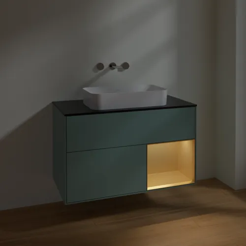 VILLEROY BOCH Toaletní skříňka Finion, s osvětlením, 2 výsuvy, 1000 x 603 x 501 mm, olivový matný lak / zlatý matný lak / černé matné sklo #F662HFGM, obrázek 5