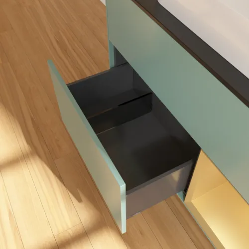 VILLEROY BOCH Toaletní skříňka Finion, s osvětlením, 2 výsuvy, 1000 x 603 x 501 mm, olivový matný lak / zlatý matný lak / černé matné sklo #F662HFGM, obrázek 7