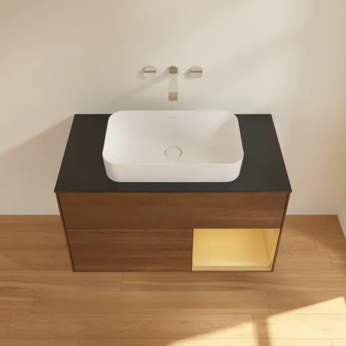 VILLEROY BOCH Toaletní skříňka Finion, s osvětlením, 2 výsuvy, 1000 x 603 x 501 mm, ořechová dýha / zlatý matný lak / černé matné sklo #F662HFGN, obrázek 4