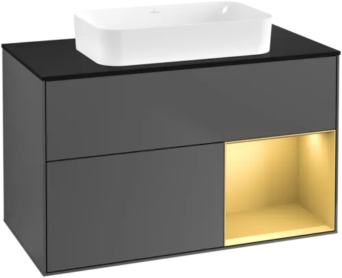 VILLEROY BOCH Toaletní skříňka Finion, s osvětlením, 2 výsuvy, 1000 x 603 x 501 mm, antracit matný lak / zlatý matný lak / černé matné sklo #F662HFGK