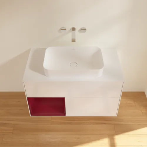 VILLEROY BOCH Toaletní skříňka Finion, s osvětlením, 2 výsuvy, 1000 x 603 x 501 mm, lesklý bílý lak / matný lak Pivoňka / matné bílé sklo #F651HBGF, obrázek 4