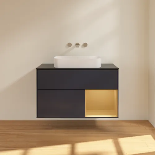 VILLEROY BOCH Toaletní skříňka Finion, s osvětlením, 2 výsuvy, 1000 x 603 x 501 mm, Midnight Blue Matt Lacquer / Gold Matt Lacquer / Glass Black Matt #F662HFHG, obrázek 3