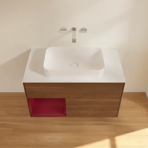VILLEROY BOCH Toaletní skříňka Finion, s osvětlením, 2 výsuvy, 1000 x 603 x 501 mm, ořechová dýha / matný lak Pivoňka / matné bílé sklo #F651HBGN, obrázek 4