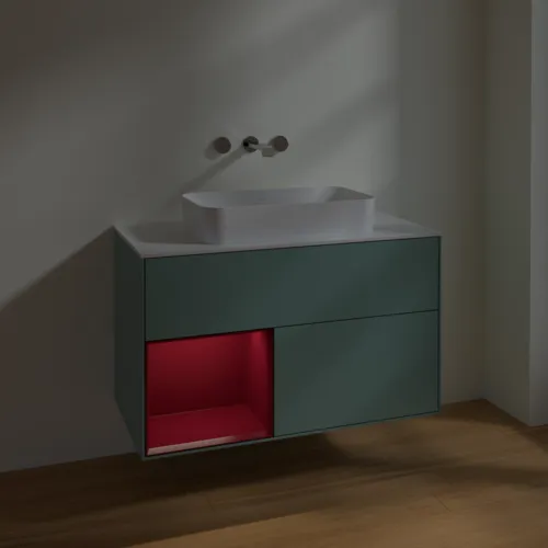 VILLEROY BOCH Toaletní skříňka Finion, s osvětlením, 2 výsuvy, 1000 x 603 x 501 mm, olivový matný lak / pivoňkový matný lak / bílé matné sklo #F651HBGM, obrázek 5