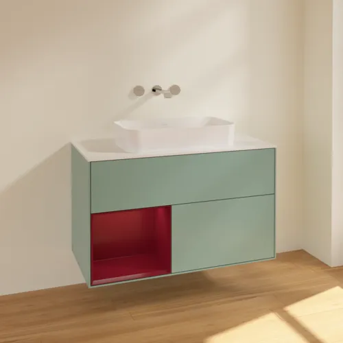 VILLEROY BOCH Toaletní skříňka Finion, s osvětlením, 2 výsuvy, 1000 x 603 x 501 mm, olivový matný lak / pivoňkový matný lak / bílé matné sklo #F651HBGM, obrázek 2