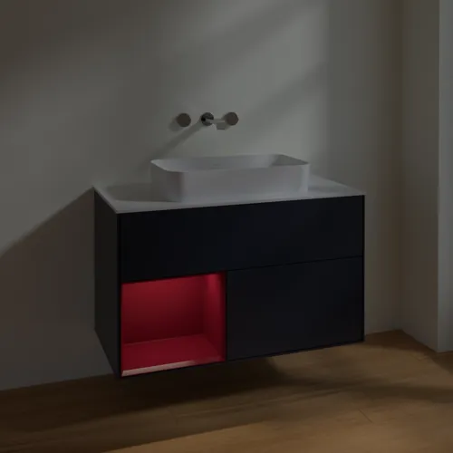 VILLEROY BOCH Toaletní skříňka Finion, s osvětlením, 2 výsuvy, 1000 x 603 x 501 mm, Midnight Blue Matt Lacquer / Peony Matt Lacquer / Glass White Matt #F651HBHG, obrázek 5