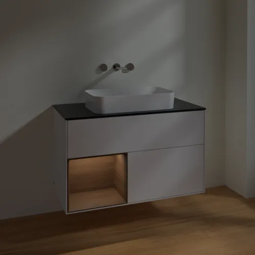 VILLEROY BOCH Toaletní skříňka Finion, s osvětlením, 2 výsuvy, 1000 x 603 x 501 mm, lesklý bílý lak / ořechová dýha / černé matné sklo #F652GNGF, obrázek 5