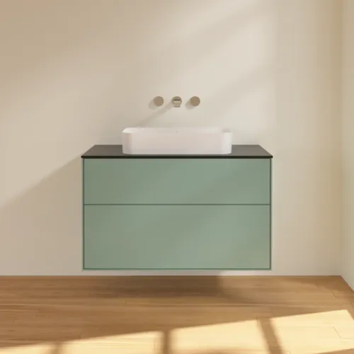 VILLEROY BOCH Toaletní skříňka Finion, 2 výsuvy, 1000 x 603 x 501 mm, olivově matný lak / sklo černé matné #F64200GM, obrázek 3