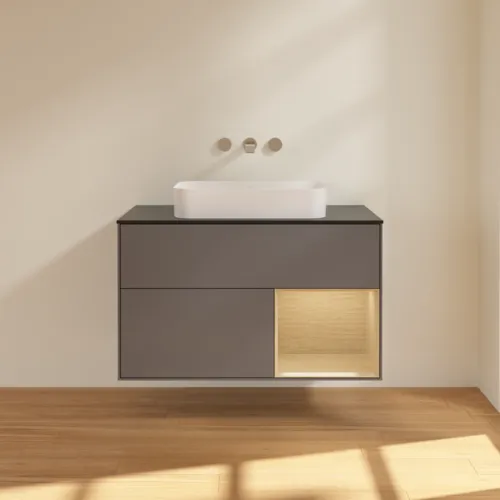VILLEROY BOCH Toaletní skříňka Finion, s osvětlením, 2 výsuvy, 1000 x 603 x 501 mm, antracitový matný lak / dubová dýha / černé matné sklo #F662PCGK, obrázek 2