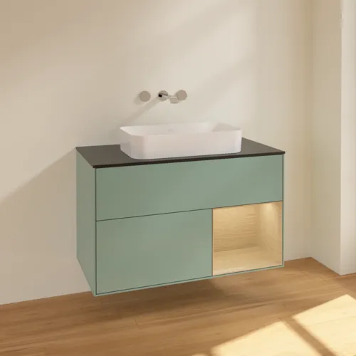 VILLEROY BOCH Toaletní skříňka Finion, s osvětlením, 2 výsuvy, 1000 x 603 x 501 mm, olivový matný lak / dubová dýha / sklo černé matné #F662PCGM, obrázek 2