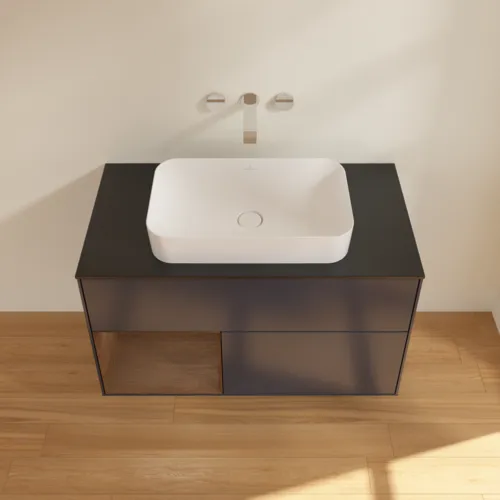 VILLEROY BOCH Toaletní skříňka Finion, s osvětlením, 2 výsuvy, 1000 x 603 x 501 mm, půlnočně modrý matný lak / ořechová dýha / černé matné sklo #F652GNHG, obrázek 4