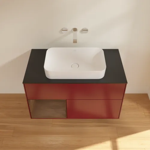 VILLEROY BOCH Toaletní stolek Finion, s osvětlením, 2 výsuvy, 1000 x 603 x 501 mm, matný lak Peony / ořechová dýha / černé matné sklo #F652GNHB, obrázek 4