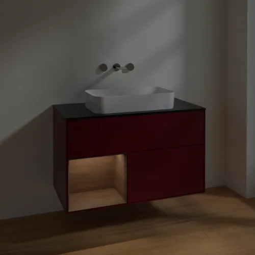 VILLEROY BOCH Toaletní stolek Finion, s osvětlením, 2 výsuvy, 1000 x 603 x 501 mm, matný lak Peony / ořechová dýha / černé matné sklo #F652GNHB, obrázek 5