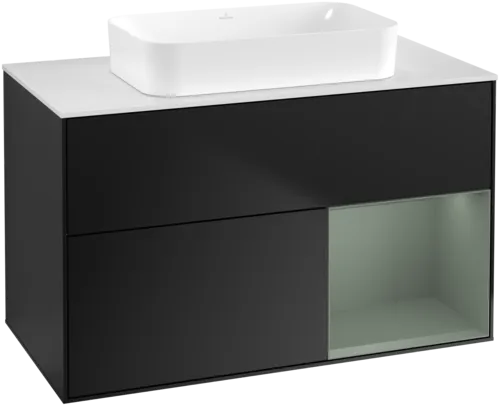 VILLEROY BOCH Toaletní skříňka Finion, s osvětlením, 2 výsuvy, 1000 x 603 x 501 mm, černý matný lak / olivový matný lak / bílé matné sklo #F661GMPD